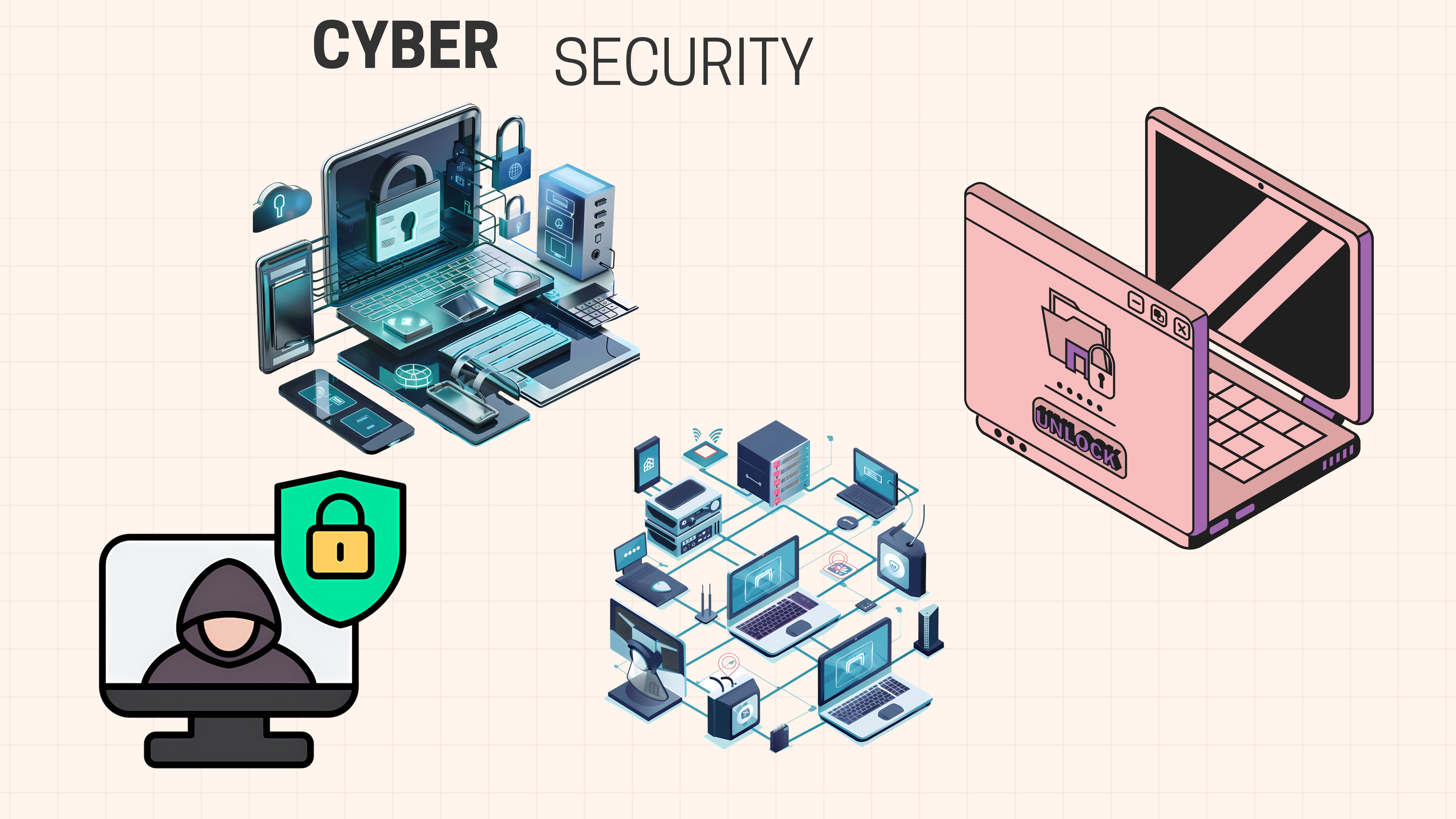 Infographic showing a padlock, hacker silhouette, social media icons (like Facebook, Instagram), and warning alerts with bright red and blue neon on a dark background